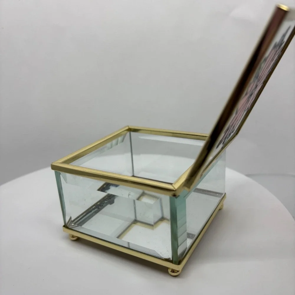 Vtg Glass Jewelry Box Poinsettia Stained Glass Hinged Keepsake Trinket Organizer